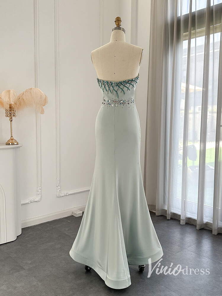 Prom Dress 2025 Strapless Mermaid Evening Dresses with Slit Beaded Mother of the Bride Dresses AD1145-unique prom dresses-Light Blue-US 2-Viniodress