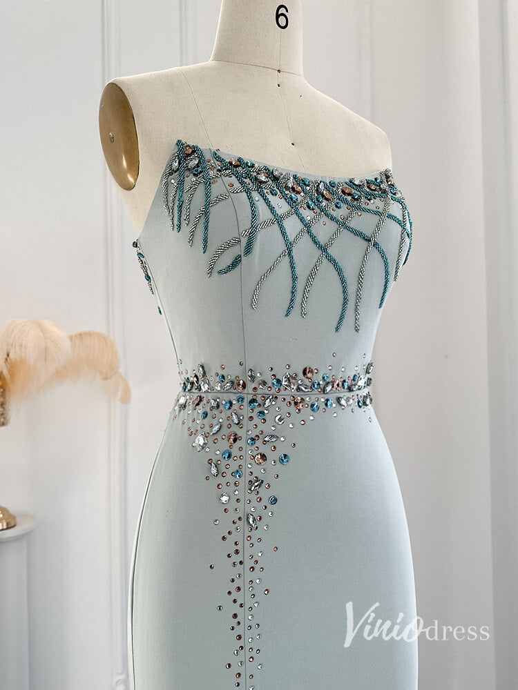 Prom Dress 2025 Strapless Mermaid Evening Dresses with Slit Beaded Mother of the Bride Dresses AD1145-unique prom dresses-Light Blue-US 2-Viniodress