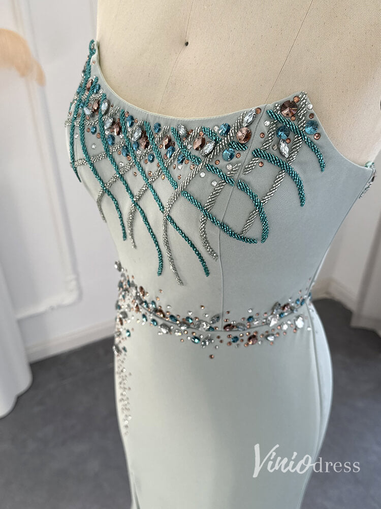 Prom Dress 2025 Strapless Mermaid Evening Dresses with Slit Beaded Mother of the Bride Dresses AD1145-unique prom dresses-Light Blue-US 2-Viniodress