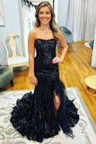 Prom Dress 2025 Strapless Mermaid Sequin Cheap Prom Dresses Feather Slit FD4097-unique prom dresses-Black-Custom Size-Viniodress