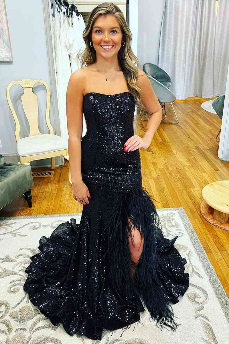 Strapless Mermaid Sequin Prom Dresses Feather Slit FD4097 - Viniodressprom dressesBlackCustom Size - Formal Dresses - Ball Gowns