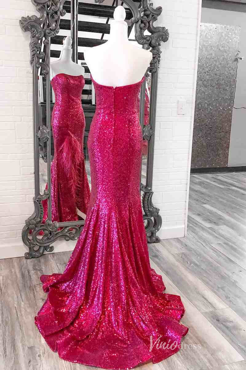 Strapless Mermaid Sequin Prom Dresses Feather Slit FD4097 - Viniodressprom dressesMagentaCustom Size - Formal Dresses - Ball Gowns