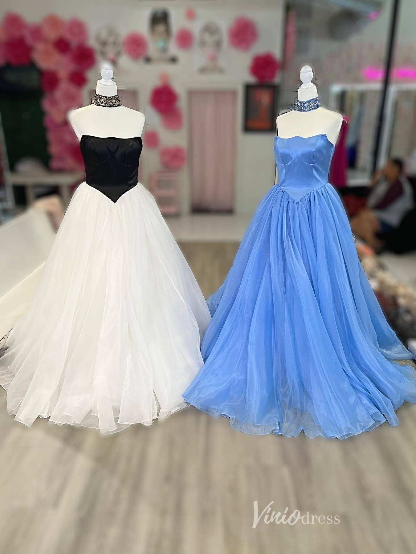 Prom Dress 2025 Strapless Organza Prom Dresses Satin Boidce Formal Gown with Necklace FD3999-unique prom dresses-Light Blue-Custom Size-Viniodress