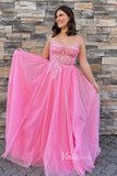 Prom Dress 2025 Strapless Pink Prom Dress with Beaded Lace Applique Bodice and Sparkly Tulle Bottom FD3473-unique prom dresses-Pink-Custom Size-Viniodress