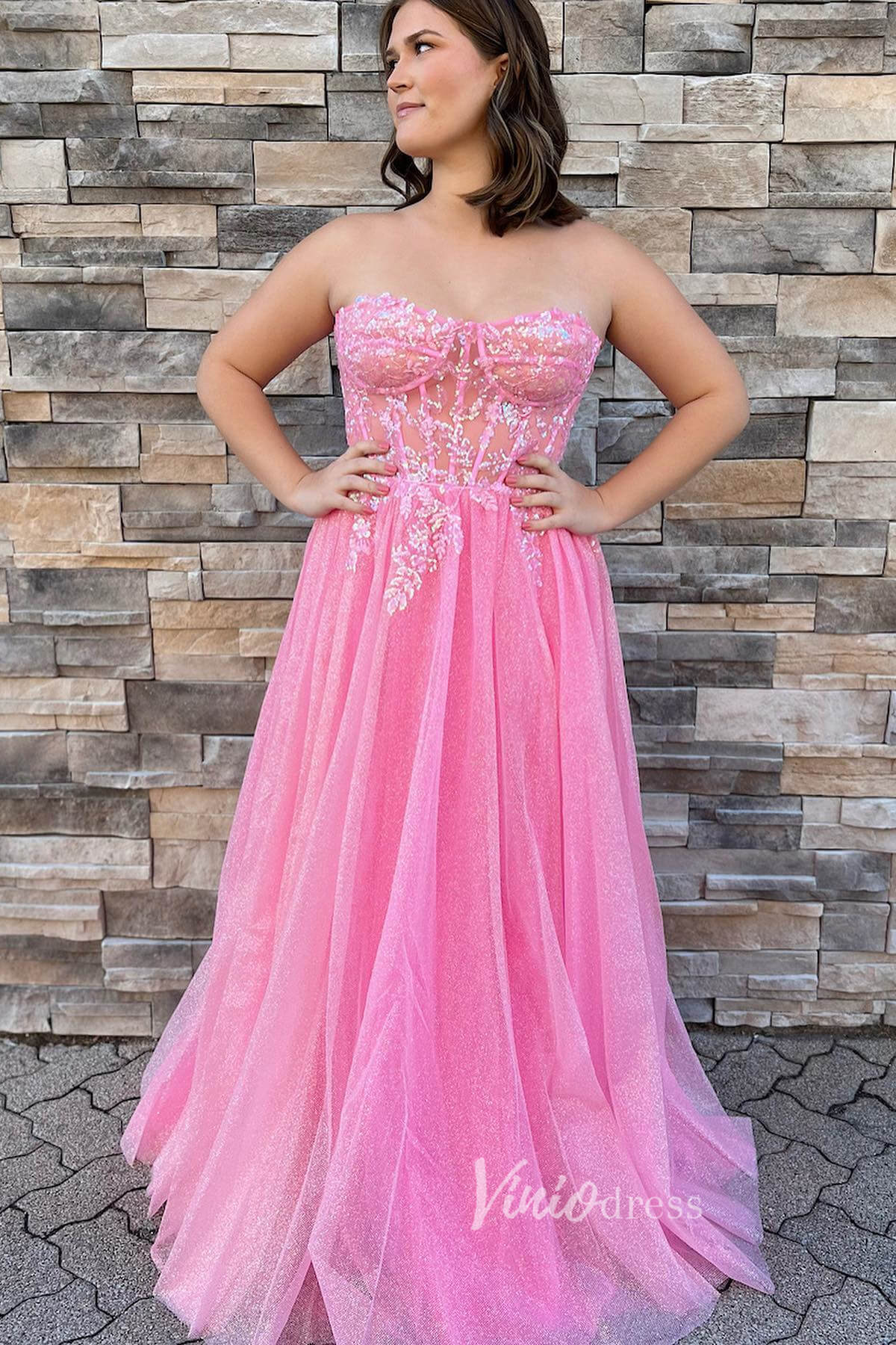 Prom Dress 2025 Strapless Pink Prom Dress with Beaded Lace Applique Bodice and Sparkly Tulle Bottom FD3473-unique prom dresses-Pink-Custom Size-Viniodress