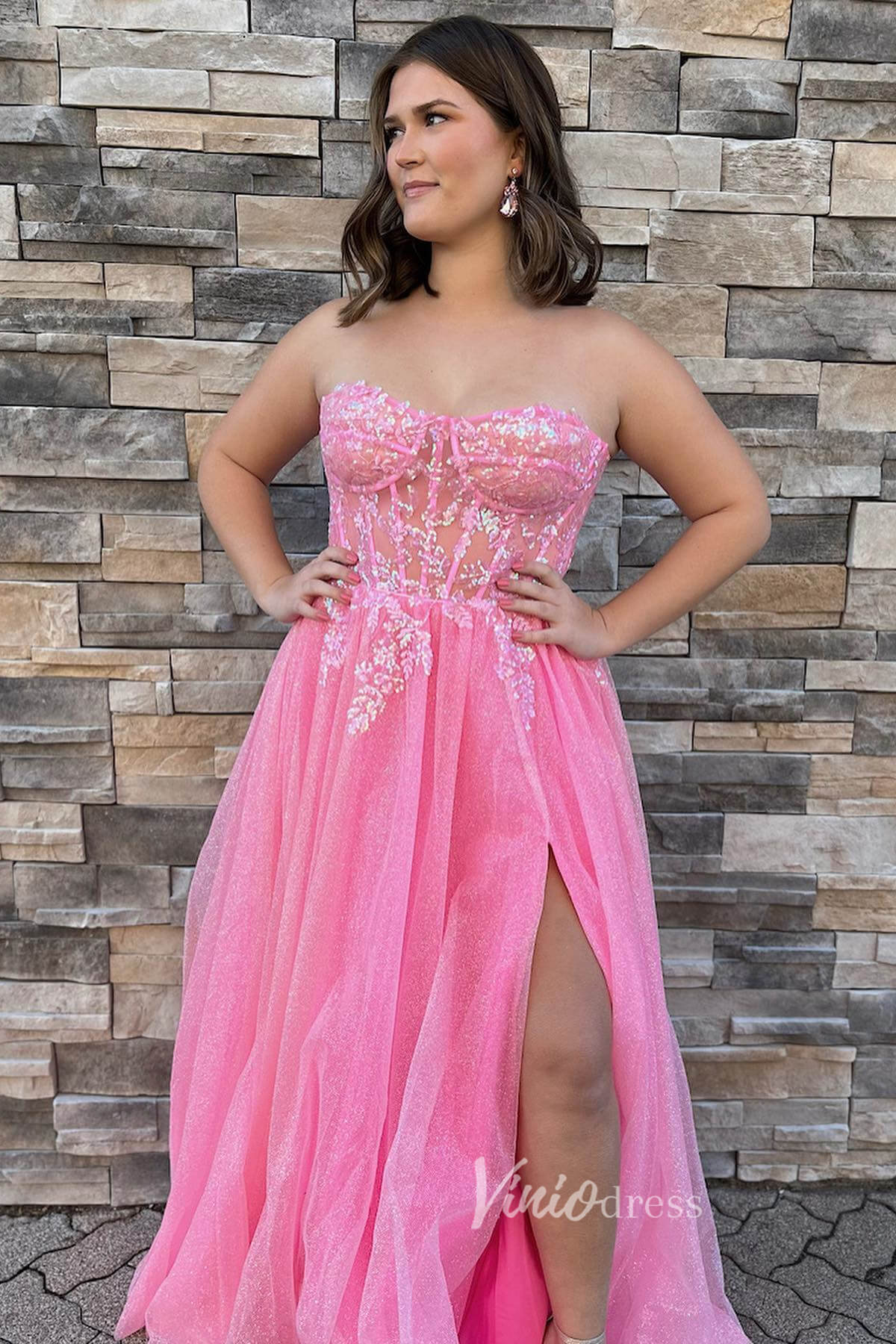 Prom Dress 2025 Strapless Pink Prom Dress with Beaded Lace Applique Bodice and Sparkly Tulle Bottom FD3473-unique prom dresses-Pink-Custom Size-Viniodress