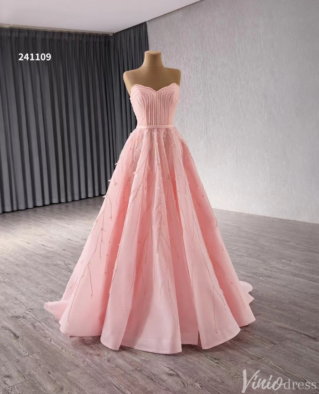 Strapless Pink Prom Dresses Beaded Evening Gowns Corset Back 241109 - ViniodressProm DressesPinkCustom Size - Formal Dresses - Ball Gowns