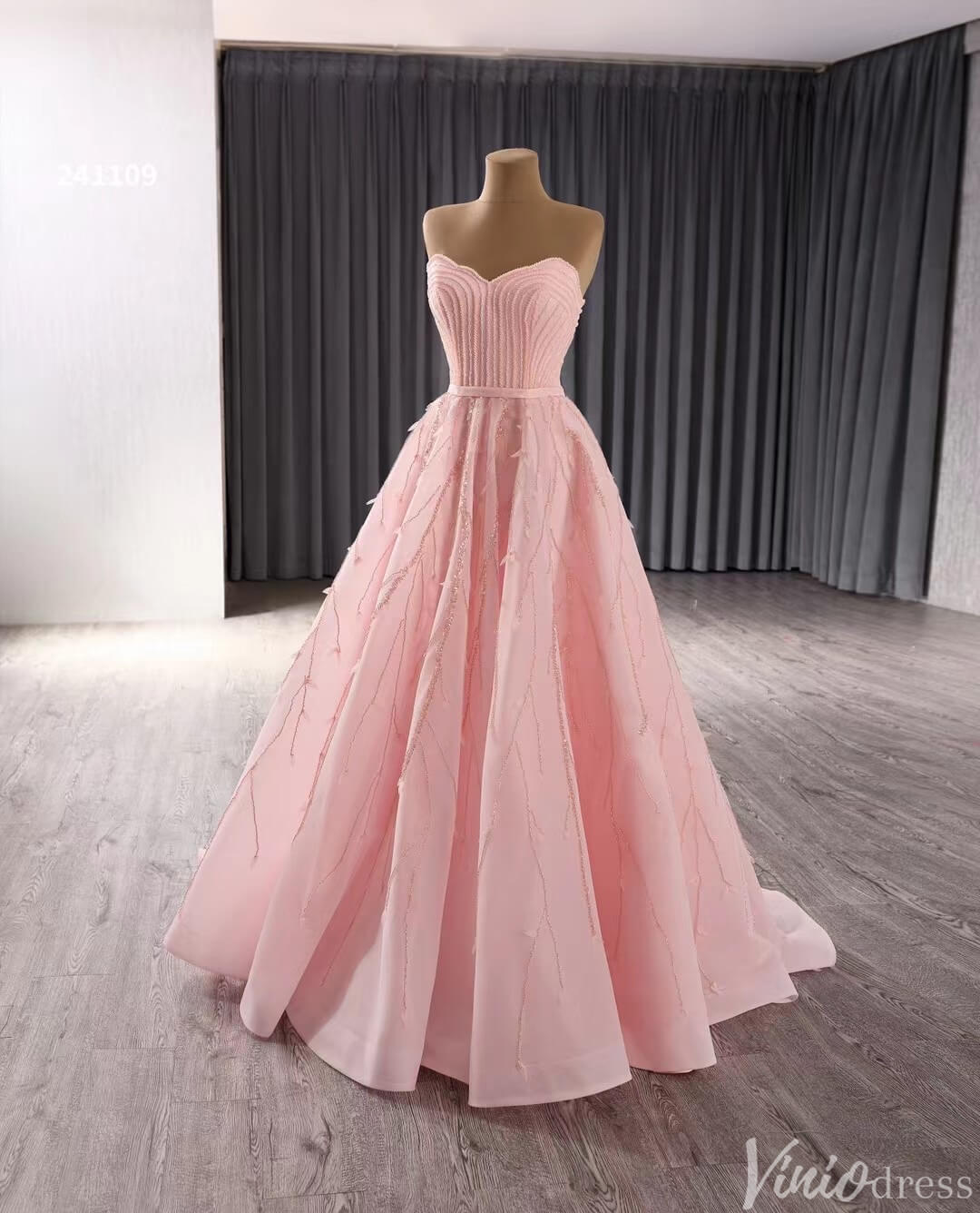 Strapless Pink Prom Dresses Beaded Evening Gowns Corset Back 241109 - ViniodressProm DressesPinkCustom Size - Formal Dresses - Ball Gowns