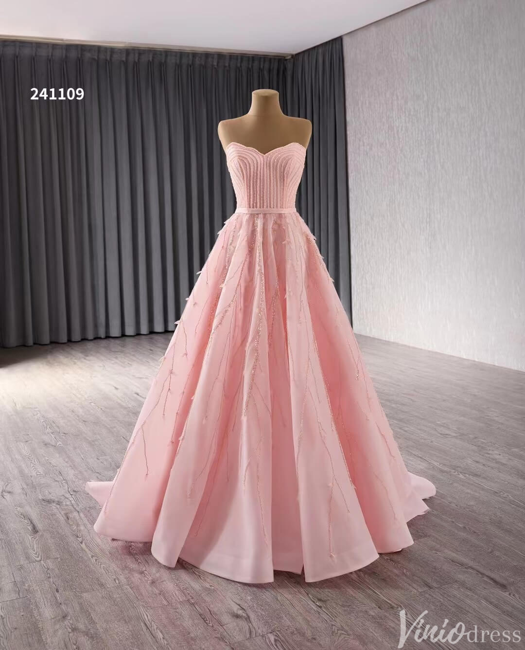 Strapless Pink Prom Dresses Beaded Evening Gowns Corset Back 241109 - ViniodressProm DressesPinkCustom Size - Formal Dresses - Ball Gowns