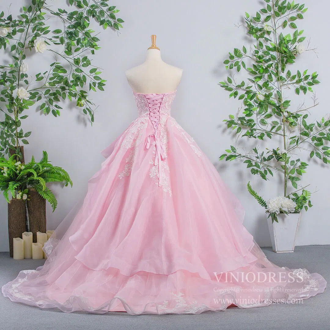 prom dresses 2025 Strapless Pink Quinceanera Dress Sweetheart Layered Ball Gown Prom Dress FD1181 viniodress-plus size wedding dresses Viniodress-Pink-Custom Size-