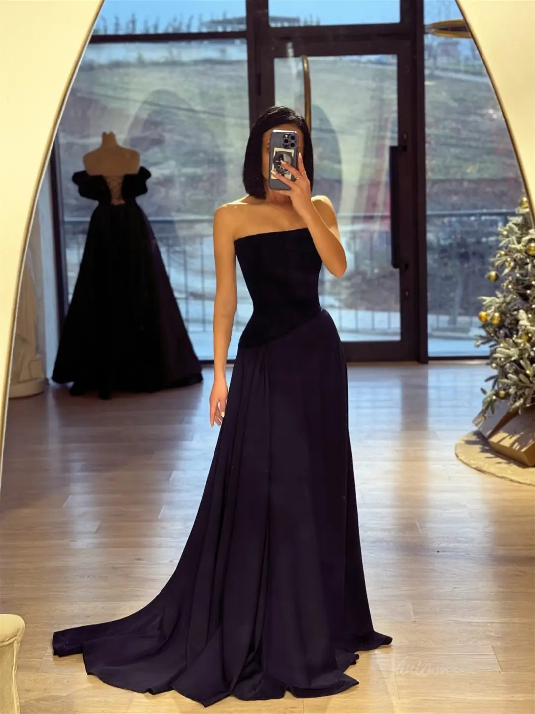 prom dresses 2025 Strapless Prom Dresses 2025 with Black Velvet Bodice & Blue Satin Bottom – FD5216-plus size wedding dresses Viniodress-Blue-Custom Size-