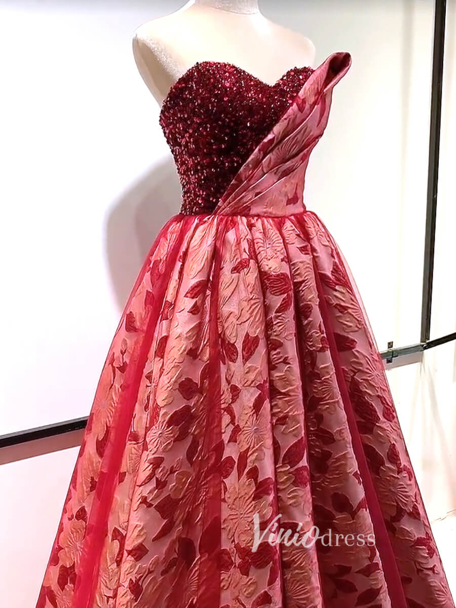 Prom Dress 2025 Strapless Red Jacquard Lace Prom Dresses Sequin Bodice Ball Gown FD3409-unique prom dresses-Red-Custom Size-Viniodress