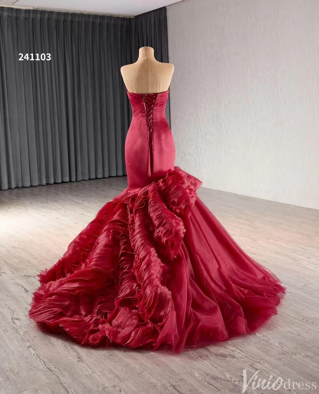 Prom Dress 2025 Strapless Red Mermaid Ruffle Wedding Dresses Pageant Prom Gown 241103-unique Prom Dresses-Red-Custom Size-Viniodress