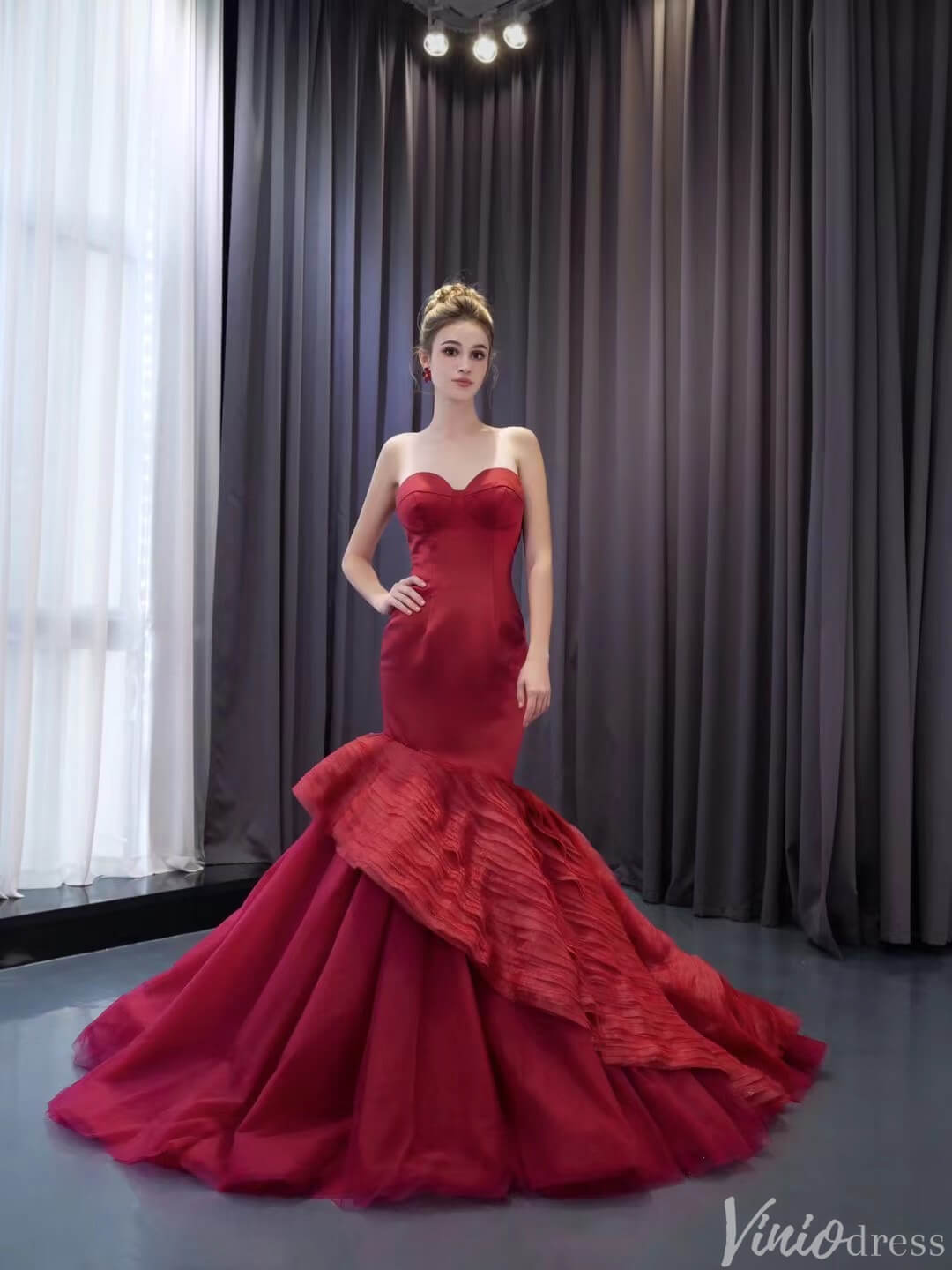 Prom Dress 2025 Strapless Red Mermaid Ruffle Wedding Dresses Pageant Prom Gown 241103-unique Prom Dresses-Red-Custom Size-Viniodress