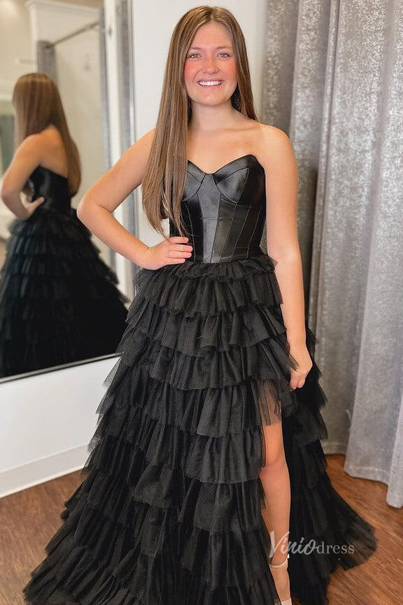 Prom Dress 2025 Strapless Ruffle Cheap Prom Dresses with Slit Satin Bodice FD4001-unique prom dresses-Black-Custom Size-Viniodress