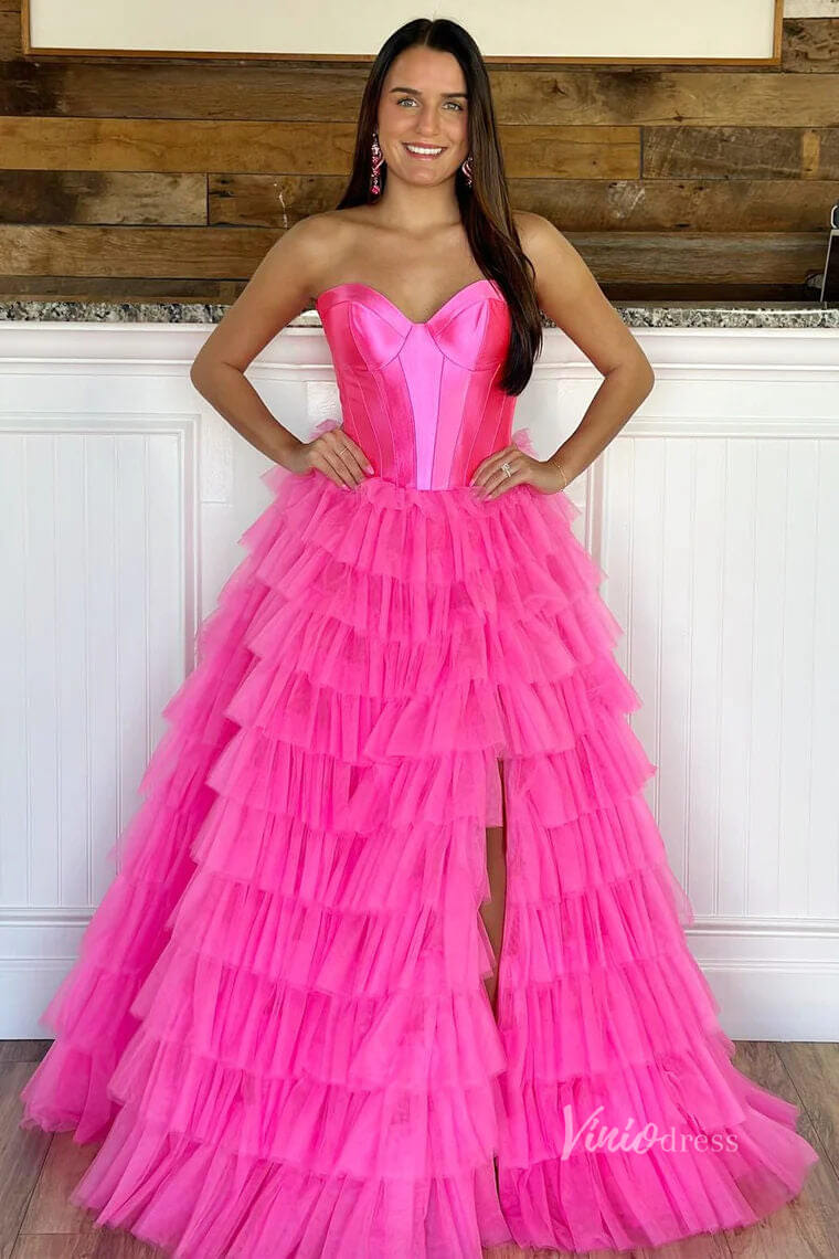 Strapless Ruffle Prom Dresses with Slit Satin Bodice FD4001 - Viniodressprom dressesHot PinkCustom Size - Formal Dresses - Ball Gowns