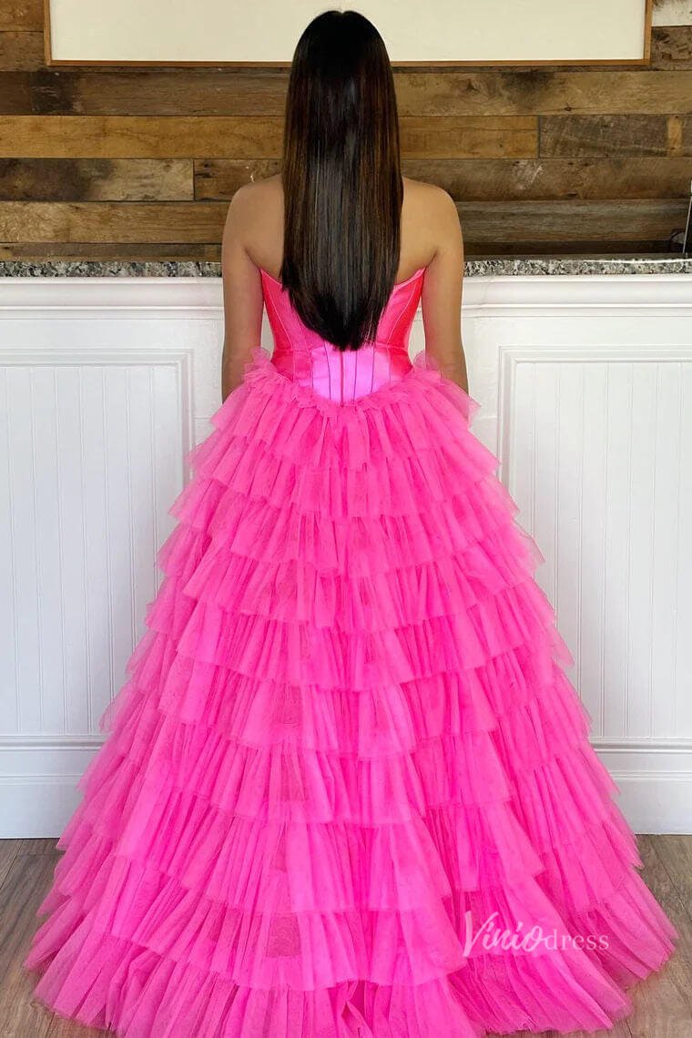 Strapless Ruffle Prom Dresses with Slit Satin Bodice FD4001 - Viniodressprom dressesHot PinkCustom Size - Formal Dresses - Ball Gowns