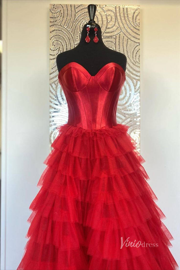 Strapless Ruffle Prom Dresses with Slit Satin Bodice FD4001 - Viniodressprom dressesRedCustom Size - Formal Dresses - Ball Gowns