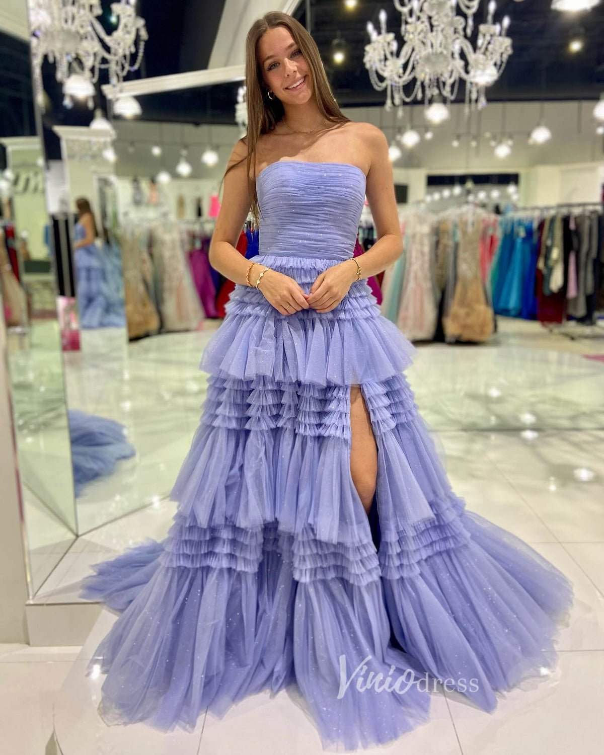 Prom Dress 2025 Strapless Ruffle Prom Dresses with Slit Sparkly Tulle Formal Dress FD2993S-unique prom dresses-Lavender-Custom Size-Viniodress