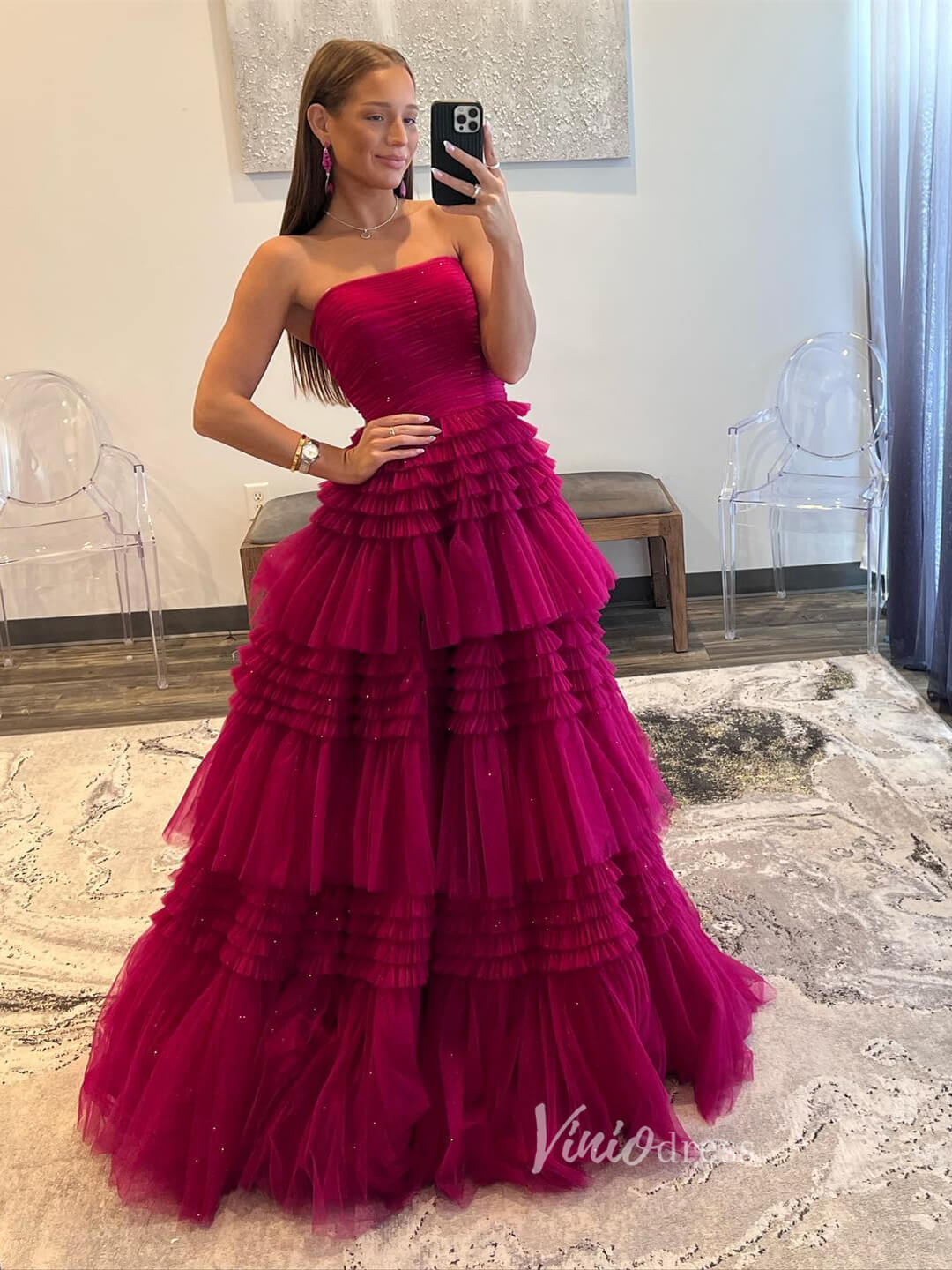 Strapless Ruffle Prom Dresses with Slit Sparkly Tulle Formal Dress FD2993S - Viniodressprom dressesMagentaCustom Size - Formal Dresses - Ball Gowns