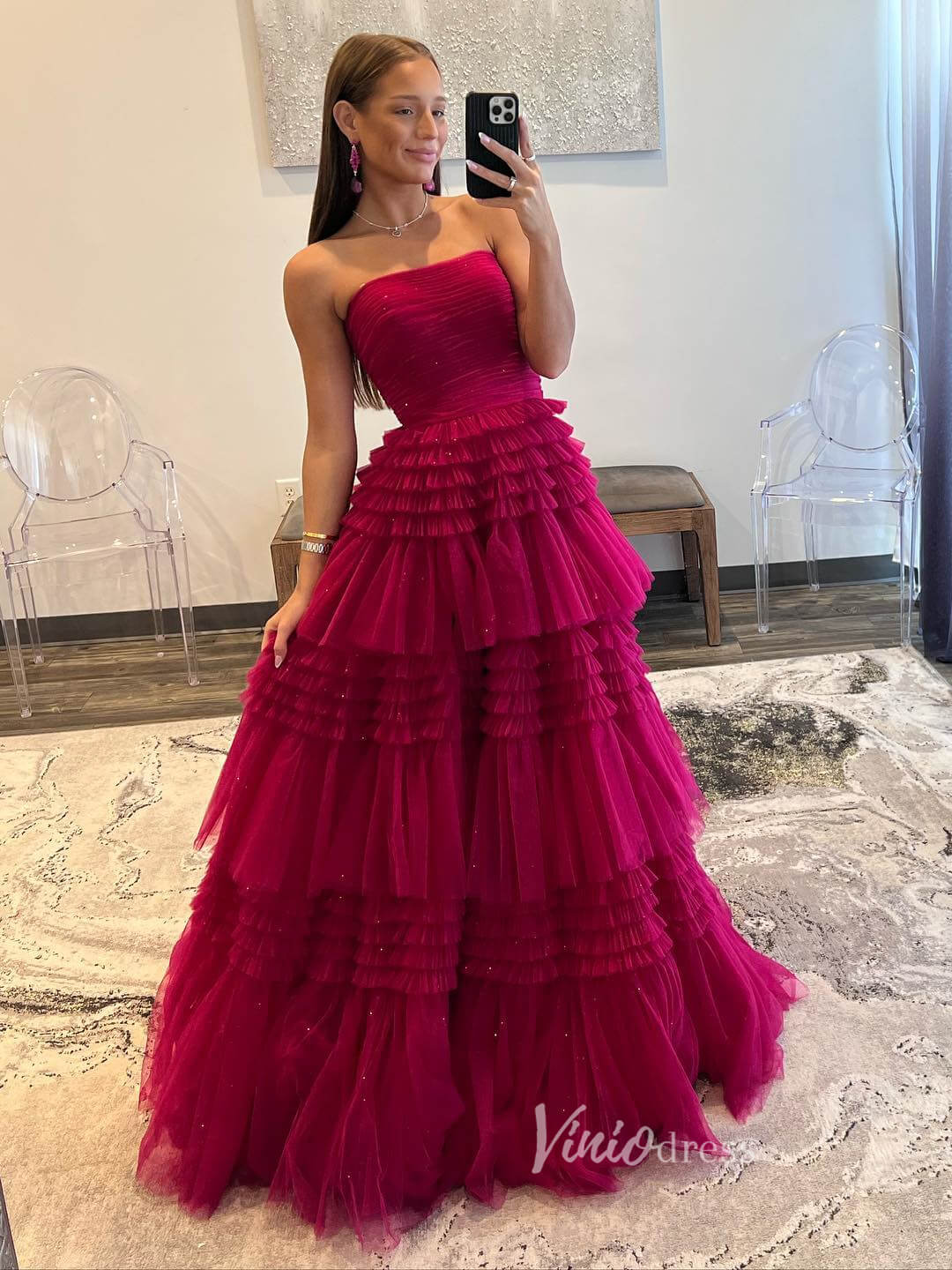 Strapless Ruffle Prom Dresses with Slit Sparkly Tulle Formal Dress FD2993S - Viniodressprom dressesMagentaCustom Size - Formal Dresses - Ball Gowns