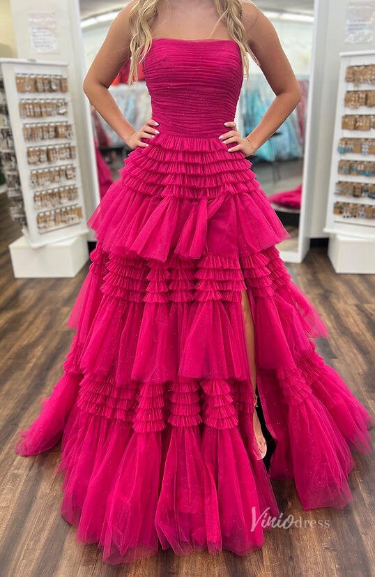 Strapless Ruffle Prom Dresses with Slit Sparkly Tulle Formal Dress FD2993S - Viniodressprom dressesMagentaCustom Size - Formal Dresses - Ball Gowns