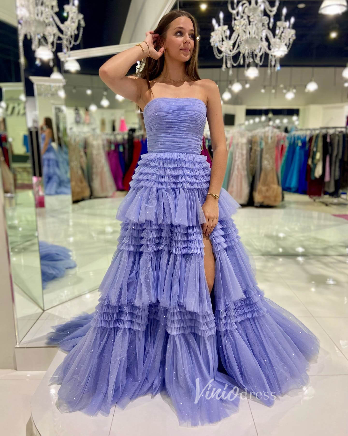 Strapless Ruffle Prom Dresses with Slit Sparkly Tulle Formal Dress FD2993S - Viniodressprom dressesLavenderCustom Size - Formal Dresses - Ball Gowns