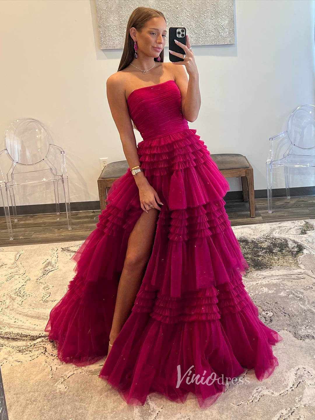 Prom Dress 2025 Strapless Ruffle Prom Dresses with Slit Sparkly Tulle Formal Dress FD2993S-unique prom dresses-Magenta-Custom Size-Viniodress