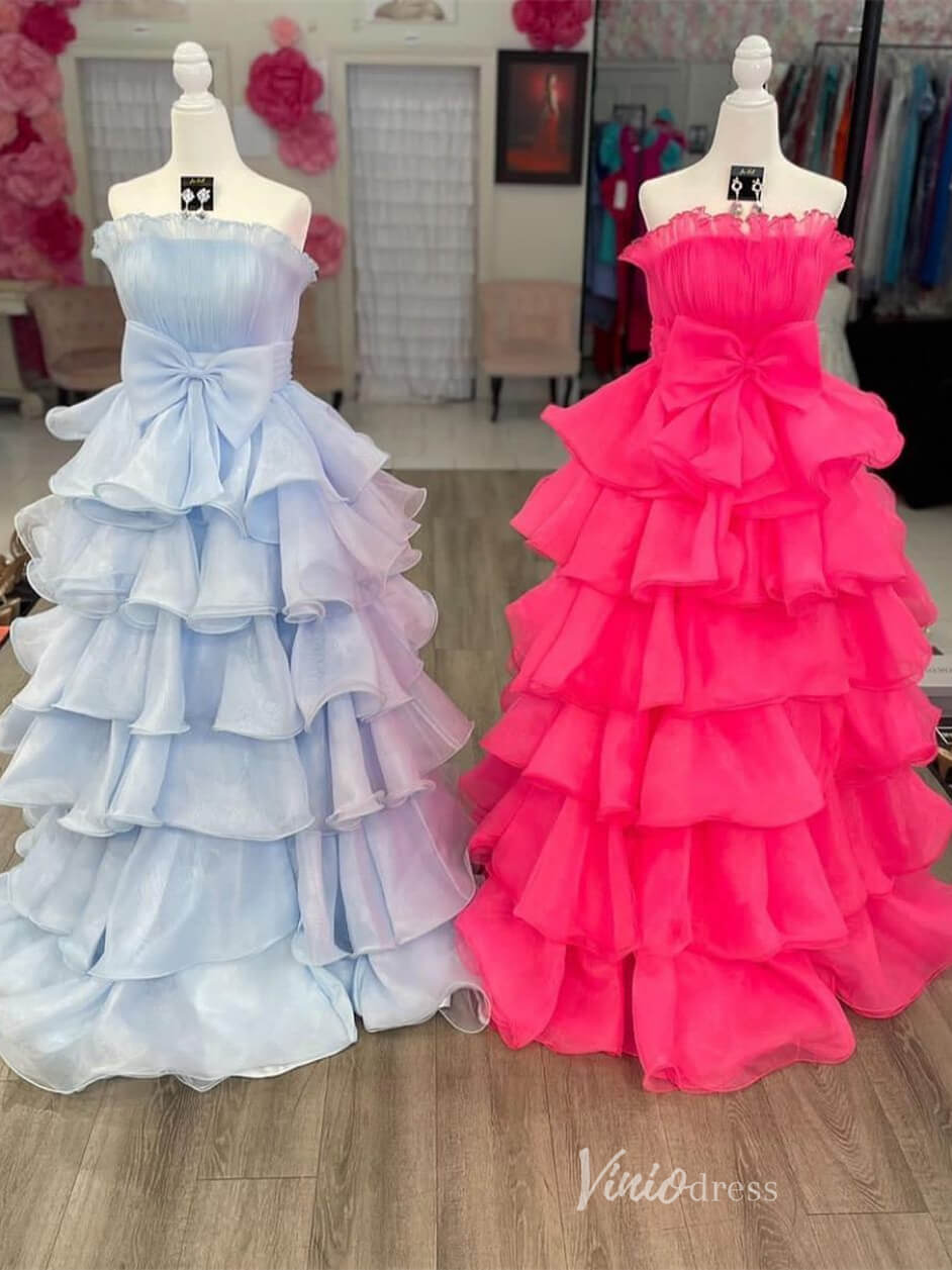 Strapless Ruffled Bow Prom Dresses with Slit Pleated Bodice FD4073 - Viniodressprom dressesLight BlueCustom Size - Formal Dresses - Ball Gowns