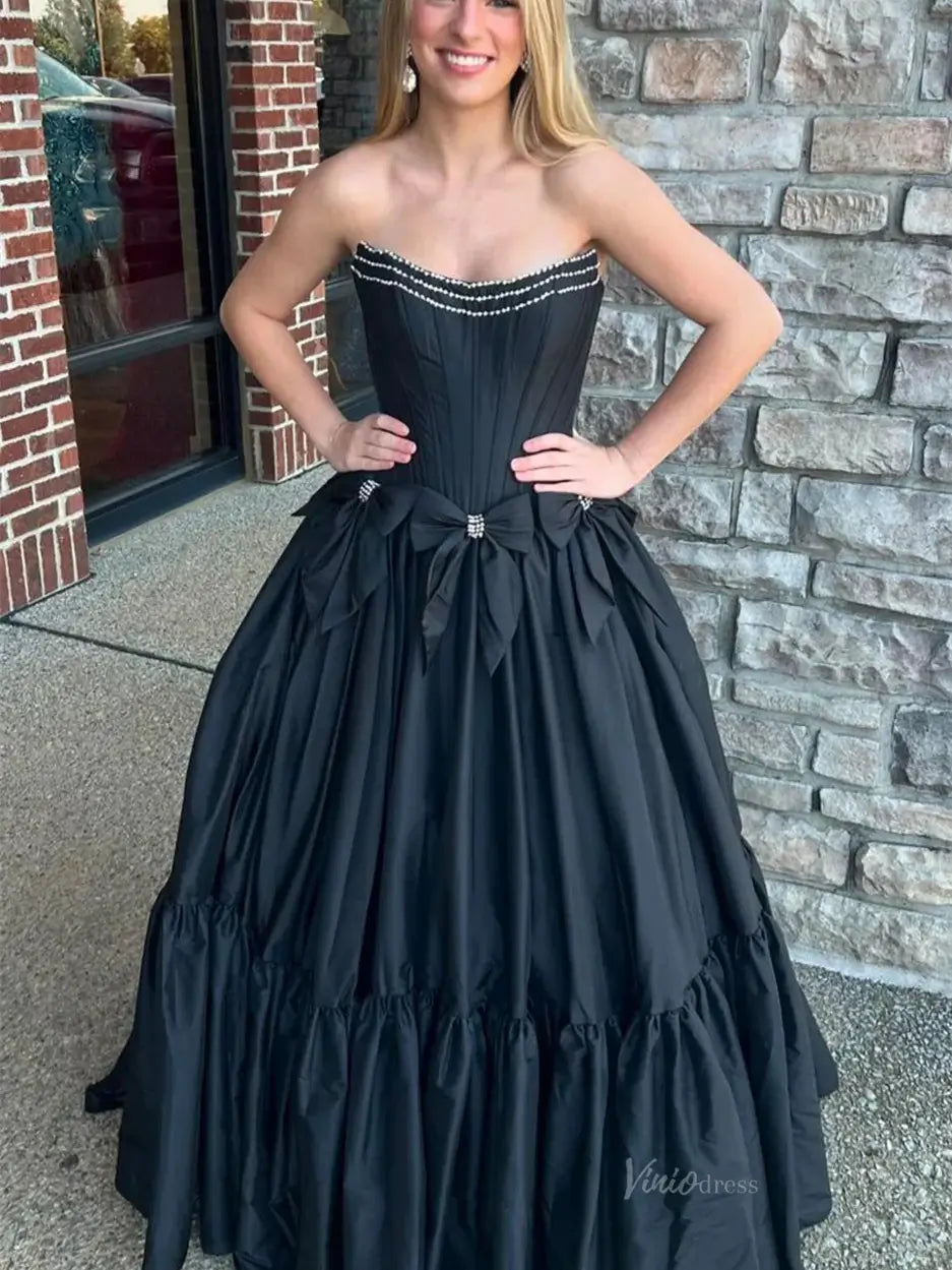 prom dresses 2025 Strapless Satin A-Line Prom Dresses 2025 Bow-Tie Pleated Formal Gown - FD5146-plus size wedding dresses Viniodress-Black-Custom Size-