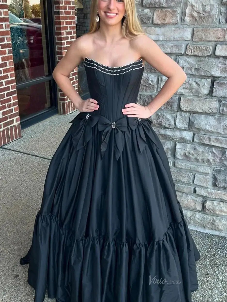 Strapless Satin A - Line Prom Dresses 2025 Bow - Tie Pleated Formal Gown - FD5146 - Viniodressprom dressesBlackCustom Size - Formal Dresses - Ball Gowns