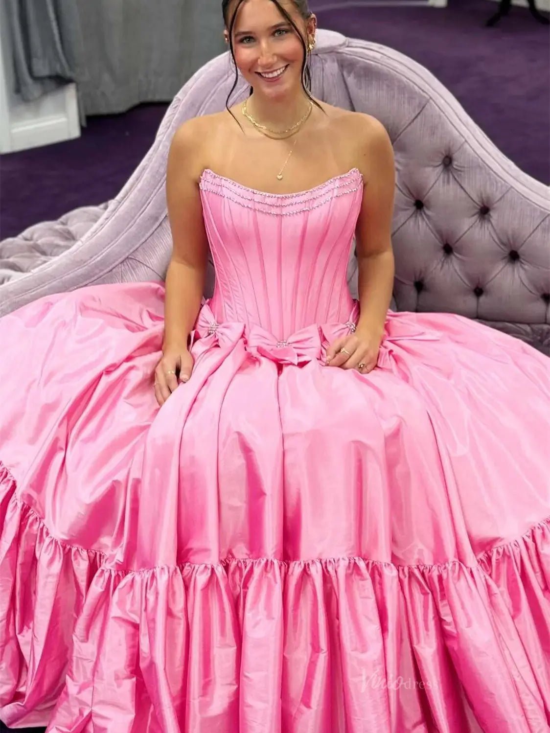 Strapless Satin A - Line Prom Dresses 2025 Bow - Tie Pleated Formal Gown - FD5146 - Viniodressprom dressesPinkCustom Size - Formal Dresses - Ball Gowns