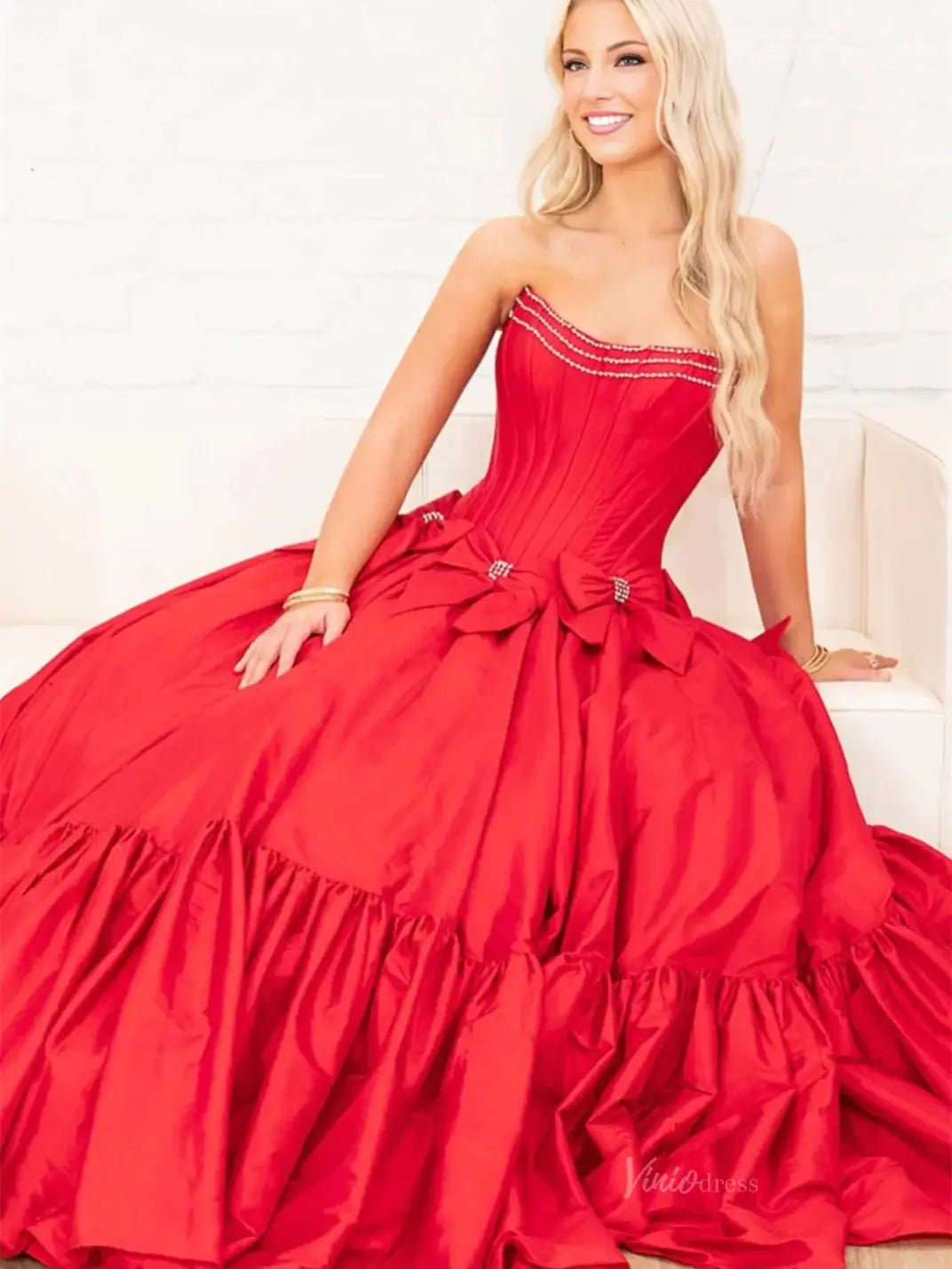 Strapless Satin A - Line Prom Dresses 2025 Bow - Tie Pleated Formal Gown - FD5146 - Viniodressprom dressesRedCustom Size - Formal Dresses - Ball Gowns