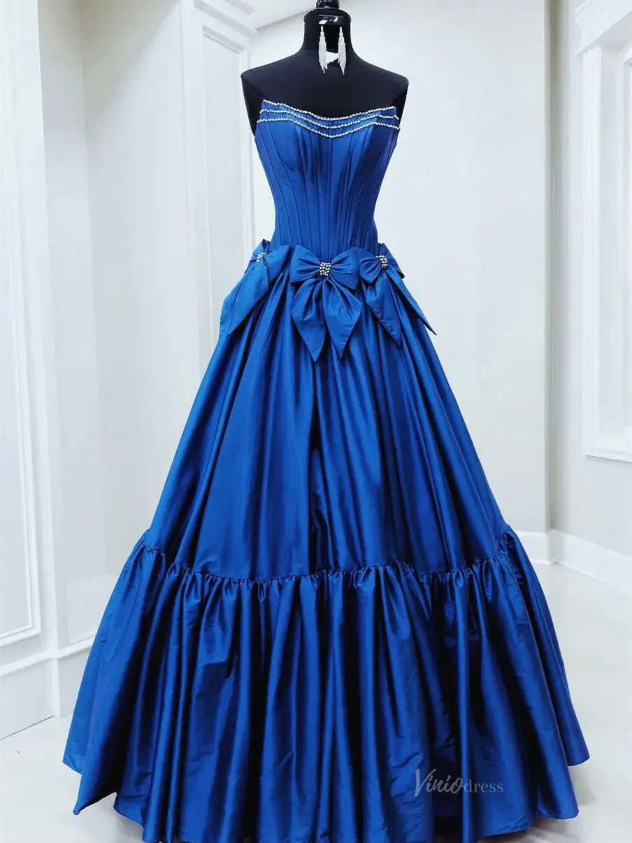 prom dresses 2025 Strapless Satin A-Line Prom Dresses 2025 Bow-Tie Pleated Formal Gown - FD5146-plus size wedding dresses Viniodress-Light Blue-Custom Size-