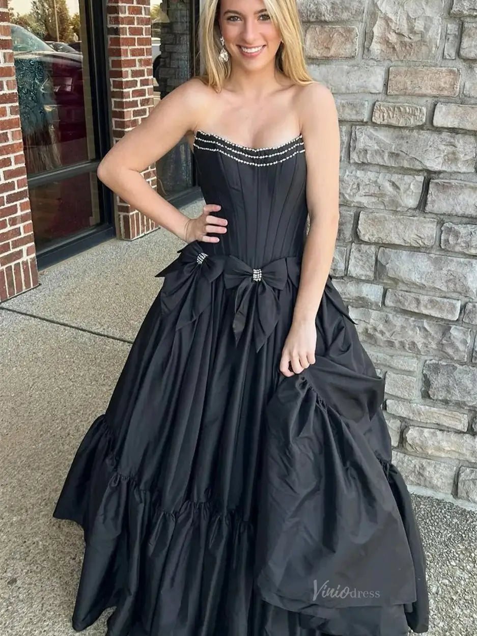 Strapless Satin A - Line Prom Dresses 2025 Bow - Tie Pleated Formal Gown - FD5146 - Viniodressprom dressesBlackCustom Size - Formal Dresses - Ball Gowns