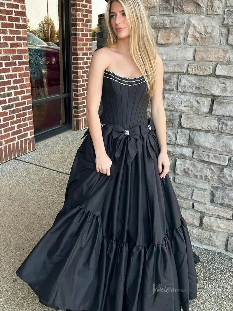 Strapless Satin A - Line Prom Dresses 2025 Bow - Tie Pleated Formal Gown - FD5146 - Viniodressprom dressesBlackCustom Size - Formal Dresses - Ball Gowns