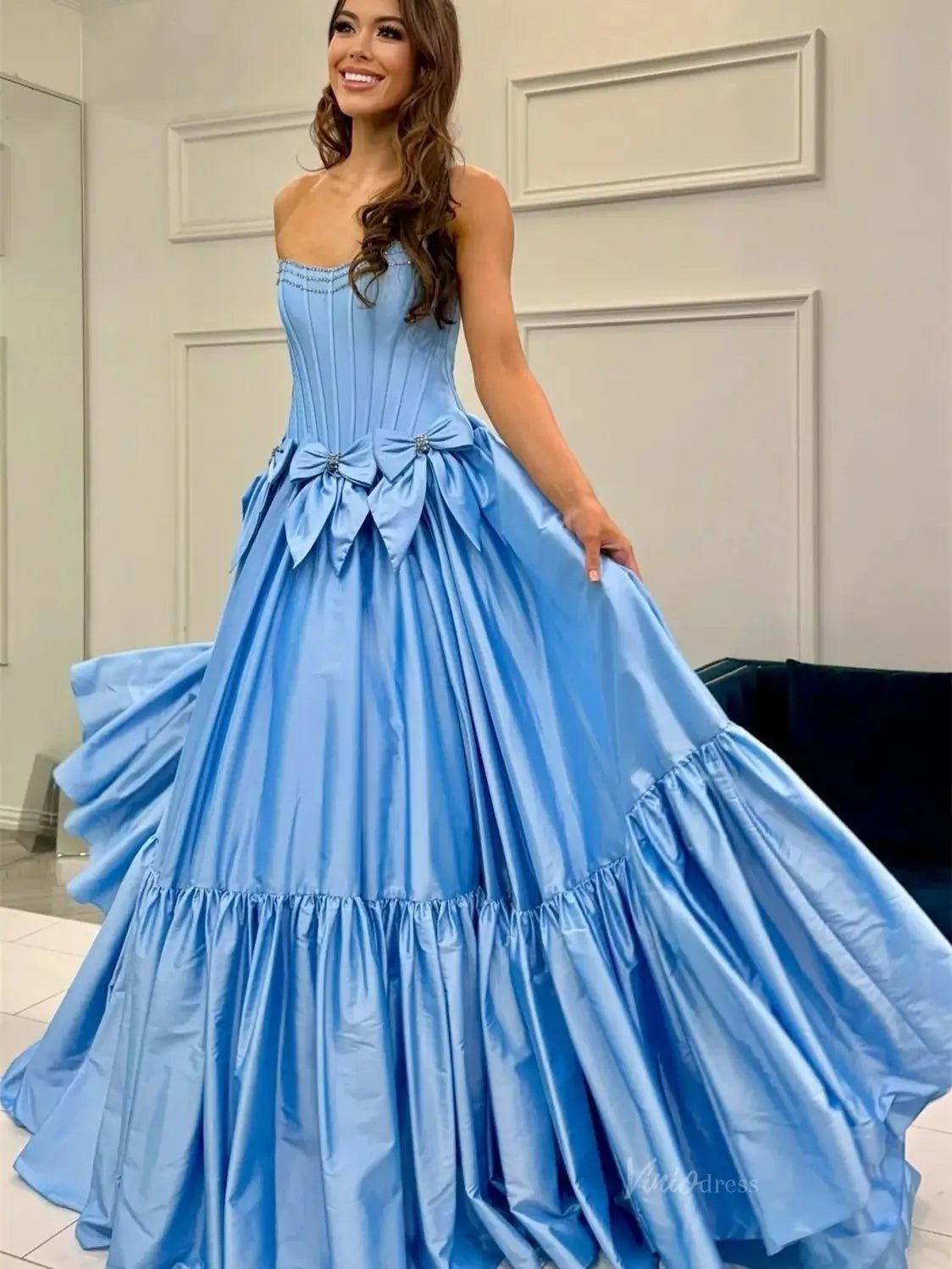 Strapless Satin A - Line Prom Dresses 2025 Bow - Tie Pleated Formal Gown - FD5146 - Viniodressprom dressesLight BlueCustom Size - Formal Dresses - Ball Gowns