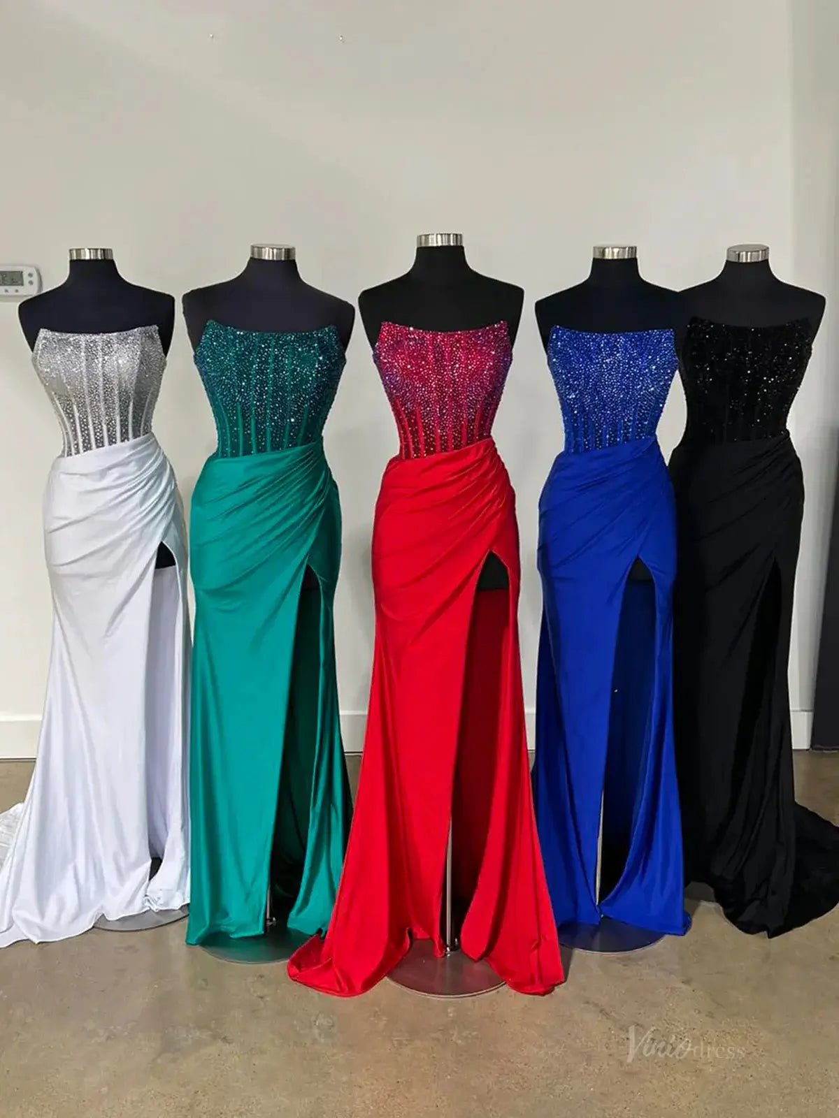 Strapless Satin Mermaid Prom Dress 2025 with Slit & Beaded Boned Bodice – FD5031 - Viniodressprom dressesRedCustom Size - Formal Dresses - Ball Gowns