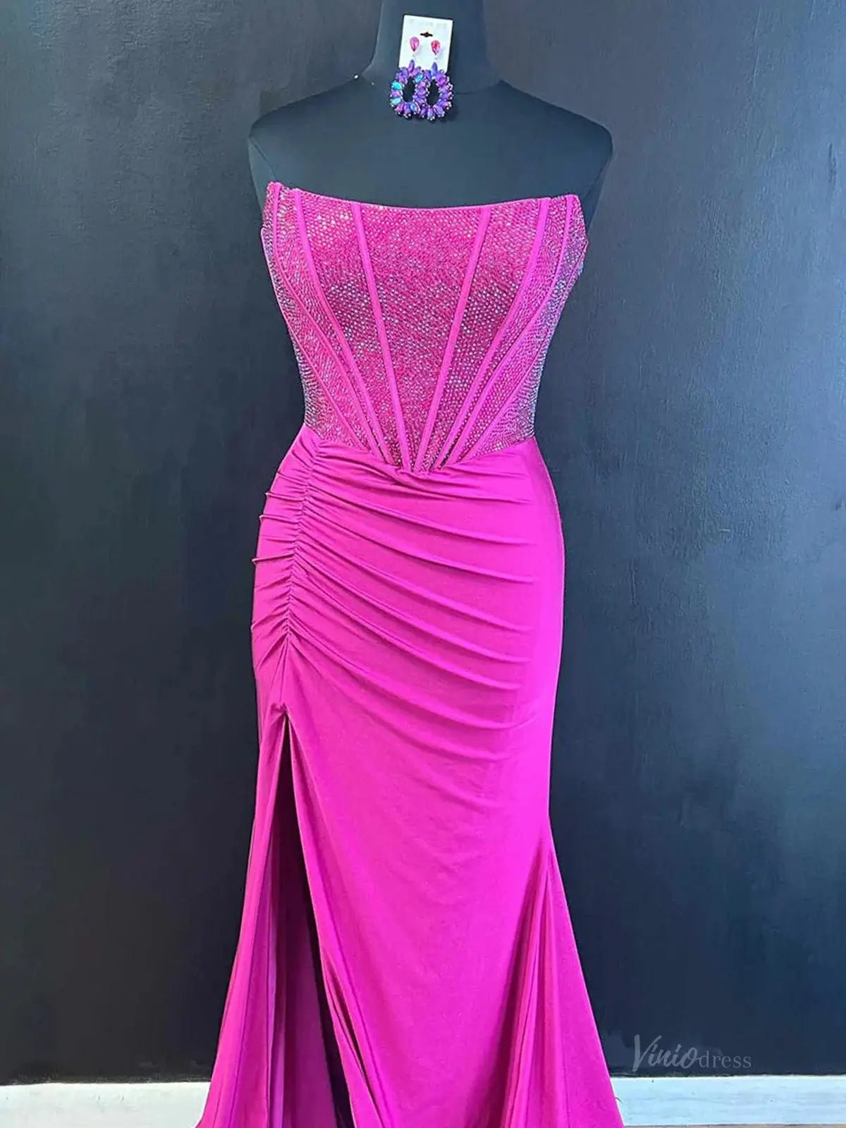 Strapless Satin Mermaid Prom Dress 2025 with Slit & Beaded Boned Bodice – FD5044 - Viniodressprom dressesFuchsiaCustom Size - Formal Dresses - Ball Gowns