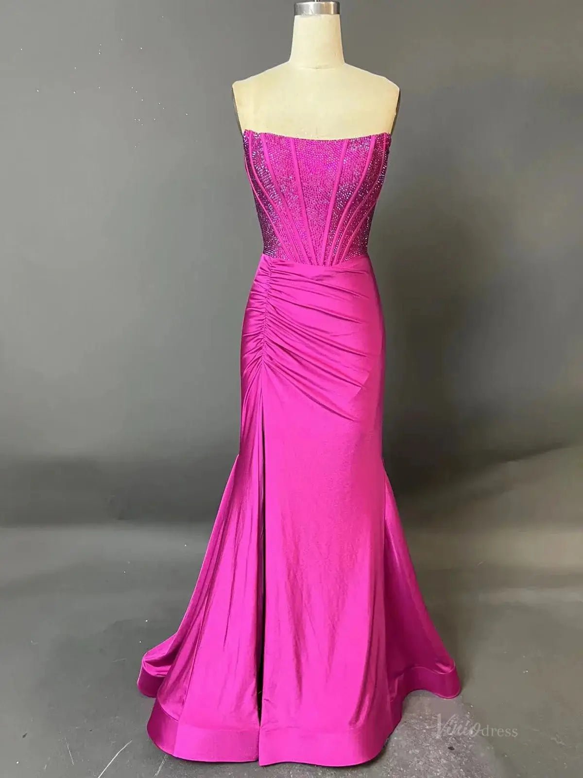 Strapless Satin Mermaid Prom Dress 2025 with Slit & Beaded Boned Bodice – FD5044 - Viniodressprom dressesFuchsiaCustom Size - Formal Dresses - Ball Gowns