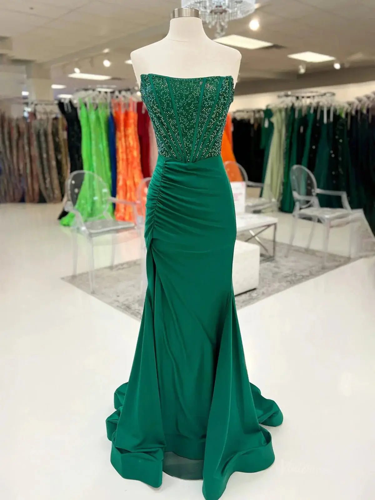 Strapless Satin Mermaid Prom Dress 2025 with Slit & Beaded Boned Bodice – FD5044 - Viniodressprom dressesGreenCustom Size - Formal Dresses - Ball Gowns