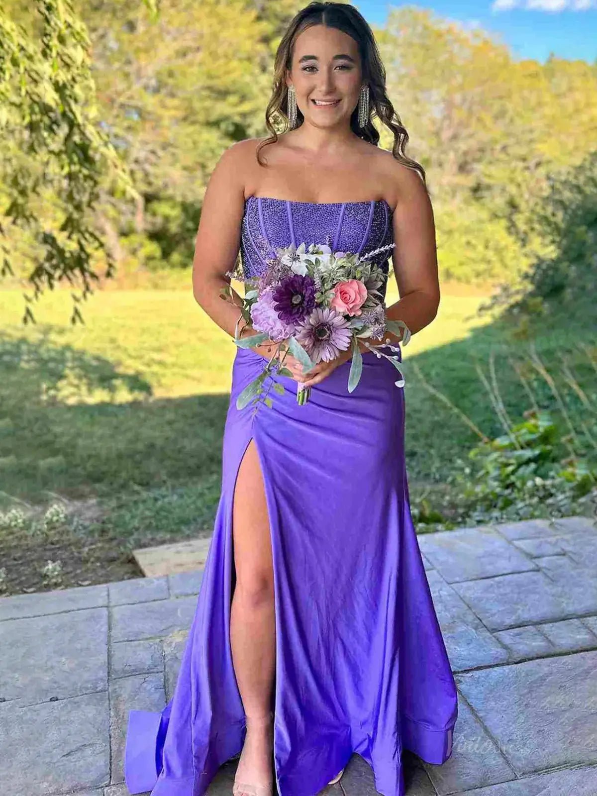 Strapless Satin Mermaid Prom Dress 2025 with Slit & Beaded Boned Bodice – FD5044 - Viniodressprom dressesPurpleCustom Size - Formal Dresses - Ball Gowns