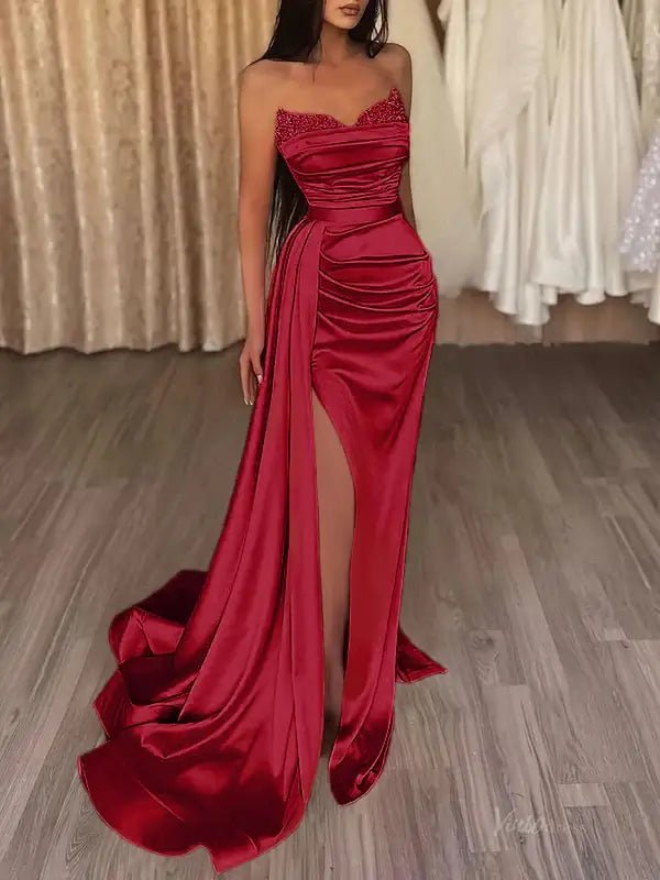 Strapless Satin Mermaid Prom Dress 2025 with Slit & Overskirt – FD5001 - Viniodressprom dressesBurgundyCustom Size - Formal Dresses - Ball Gowns