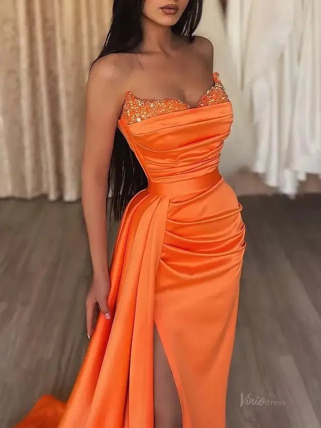 Strapless Satin Mermaid Prom Dress 2025 with Slit & Overskirt – FD5001 - Viniodressprom dressesOrangeCustom Size - Formal Dresses - Ball Gowns