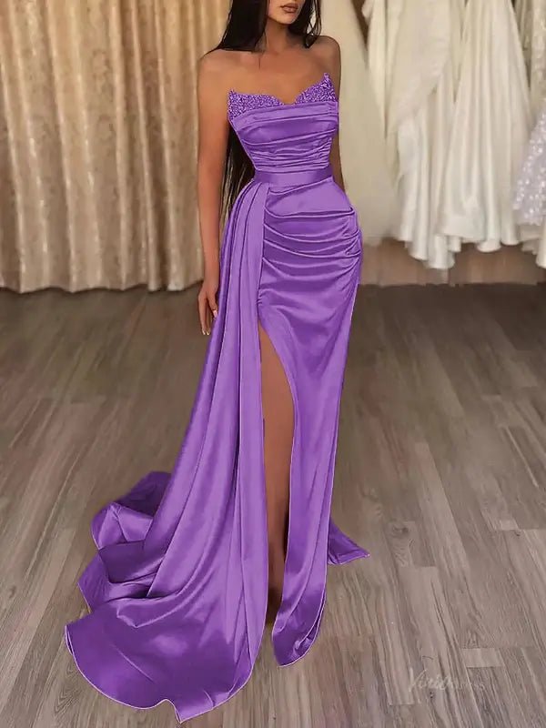 Strapless Satin Mermaid Prom Dress 2025 with Slit & Overskirt – FD5001 - Viniodressprom dressesPurpleCustom Size - Formal Dresses - Ball Gowns