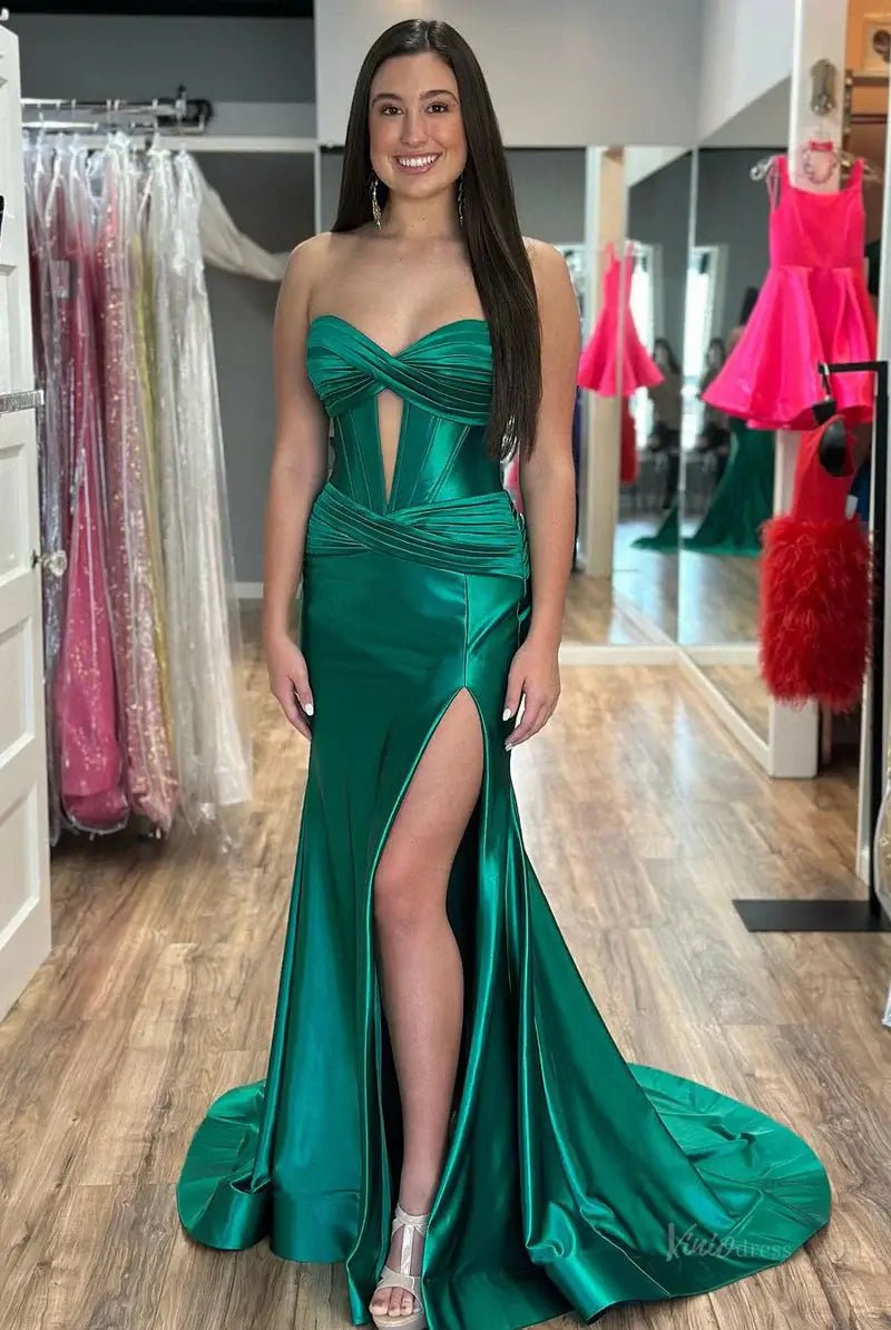 Strapless Satin Mermaid Prom Dresses 2025 with Slit & Pleated Crossed Bodice – FD5040 - Viniodressprom dressesGreenCustom Size - Formal Dresses - Ball Gowns