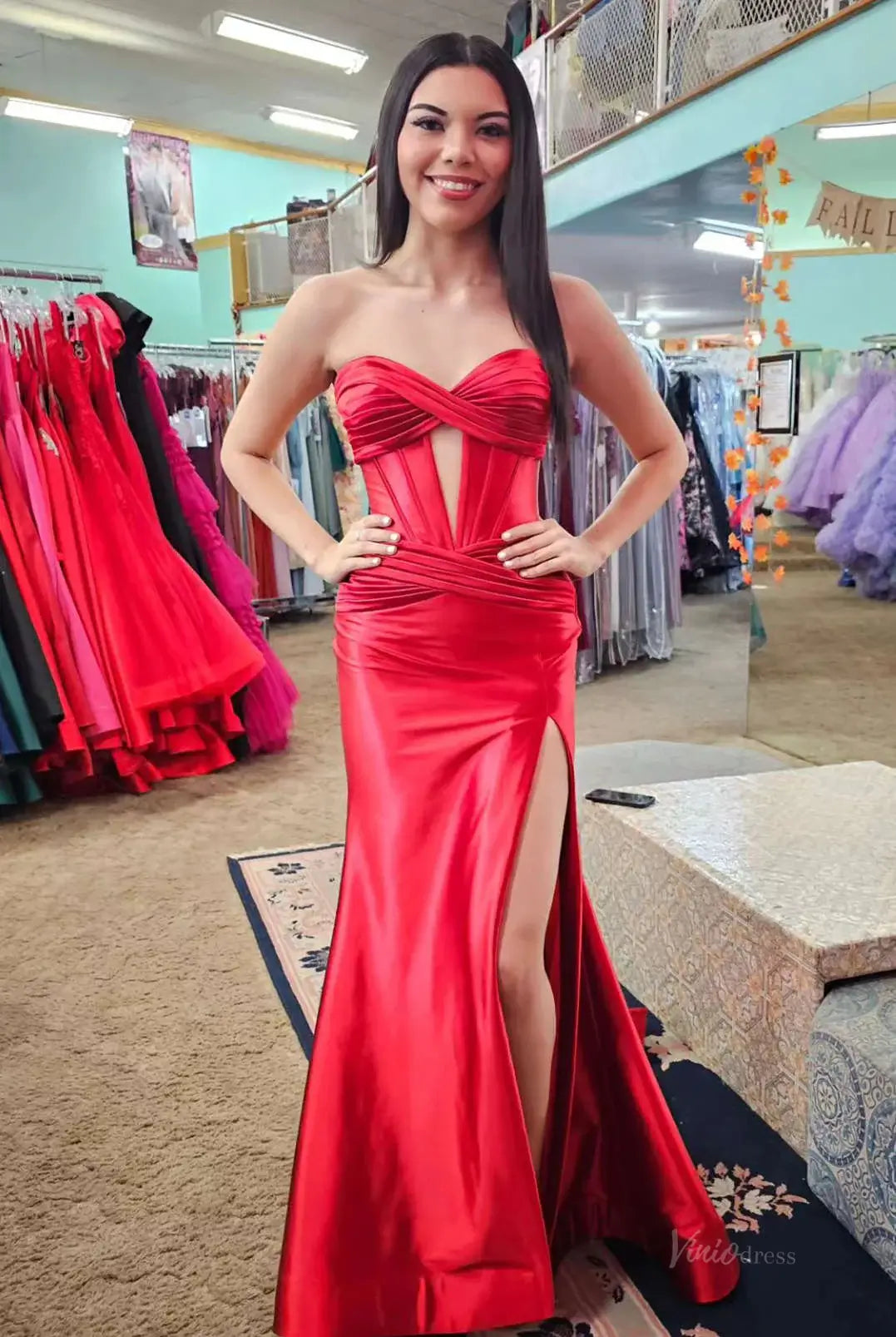 Strapless Satin Mermaid Prom Dresses 2025 with Slit & Pleated Crossed Bodice – FD5040