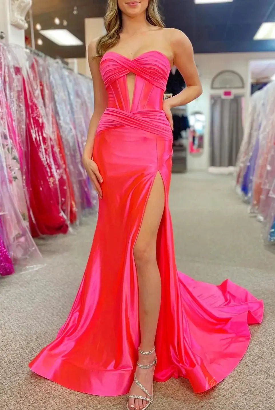 Strapless Satin Mermaid Prom Dresses 2025 with Slit & Pleated Crossed Bodice – FD5040 - Viniodressprom dressesHot PinkCustom Size - Formal Dresses - Ball Gowns