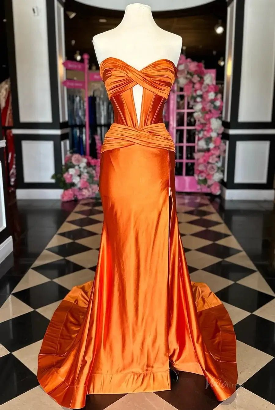 Strapless Satin Mermaid Prom Dresses 2025 with Slit & Pleated Crossed Bodice – FD5040 - Viniodressprom dressesOrangeCustom Size - Formal Dresses - Ball Gowns