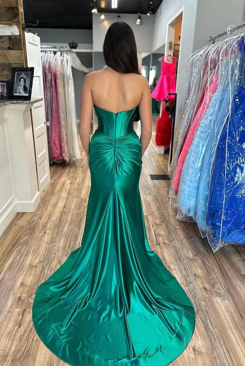 Strapless Satin Mermaid Prom Dresses 2025 with Slit & Pleated Crossed Bodice – FD5040 - Viniodressprom dressesGreenCustom Size - Formal Dresses - Ball Gowns